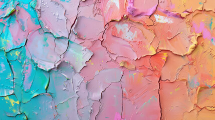 A broken purple,  blue, red, yellow, pink eye shadow make up smear palette. Top view.