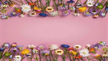 Obraz premium Top view of beautiful blooming flowers and blank card isolated on pink