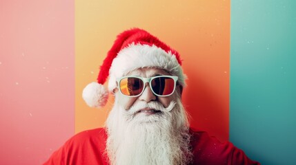 Jolly Santa Claus with reflective sunglasses smiling against a vibrant tricolor background, blending festive spirit with contemporary coolness.