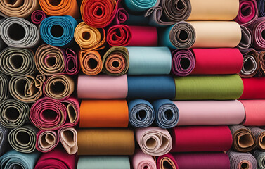 A pile of colorful colored thread with the number 5 on it, Brightly colored swimwear fabric rolls in a warehouse, colorful fabric rolls