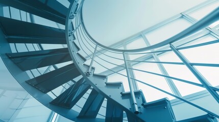 A stunning spiral staircase made of metal and glass ascending in a modern architectural setting, bathed in natural light.