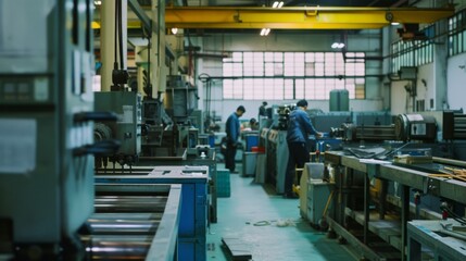 Fototapeta premium A wide-angle view inside an industrial workshop with workers busy at various machine stations, creating a scene of activity and productivity.