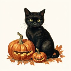 A playful black cat sits beside two carved pumpkins, surrounded by autumn leaves. Perfect for Halloween-themed visuals.
