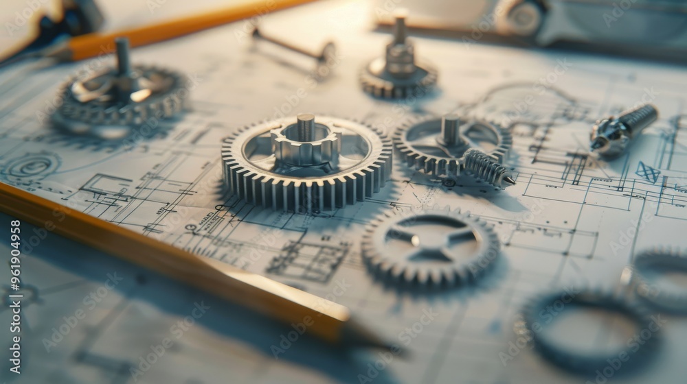 Wall mural A close-up shot of mechanical gears and tools scattered on blueprints, symbolizing intricate engineering and precise craftsmanship.