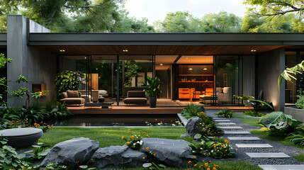 Obraz premium Modern House Exterior with Lush Garden 3D Illustration