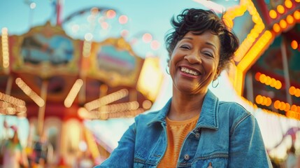 Obraz premium A joyful lady in a denim jacket beams with happiness at an amusement park, capturing the lively spirit of fun and nostalgia.
