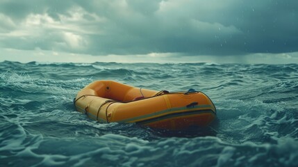 Fototapeta premium An orange inflatable lifeboat afloat on a turbulent sea under dark storm clouds poses a sense of isolation and survival.