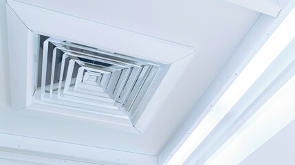 Geometric precision of a white ceiling vent with layers creating a mesmerizing spiral pattern, highlighted by soft lighting.