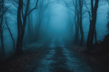 Obraz premium A foggy forest with a road in the middle