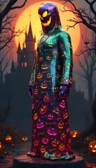 a statue with  seamless pattern featuring Halloween jack-o'-lanterns with scary faces,  