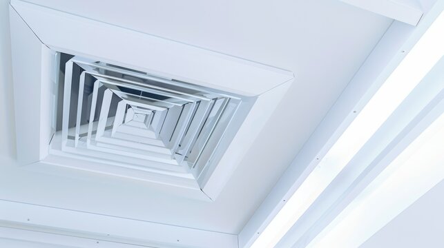 Geometric precision of a white ceiling vent with layers creating a mesmerizing spiral pattern, highlighted by soft lighting.