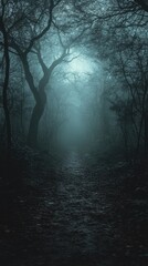 Fototapeta premium A dark forest path with a tree in the middle