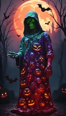 a statue with  seamless pattern featuring Halloween jack-o'-lanterns with scary faces,  