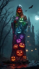 a statue with  seamless pattern featuring Halloween jack-o'-lanterns with scary faces,  