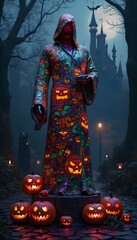 a statue with  seamless pattern featuring Halloween jack-o'-lanterns with scary faces,  