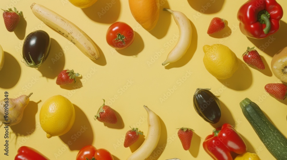 Wall mural A dynamic arrangement of mixed fruits and vegetables scattered across a yellow background, celebrating the abundance and variety of nature’s colorful bounty.