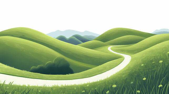 Landscape with road green hill and green grass on white background, banner. Rolling Hills. Illustration