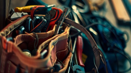 An assortment of tools neatly organized in a leather tool belt, embodying readiness and meticulous craftsmanship.