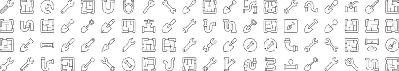 Set of Repair and Renovation Related Line Icons. Editable Stroke for Design, Web Sites, Apps, Cards. Contains Linear Images of Floor Plan, Shovel, Spanner, Pipe