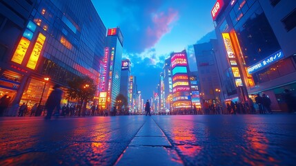 Obraz premium Vibrant cityscape at dusk with neon lights illuminating urban streets and people walking in the bustling downtown area