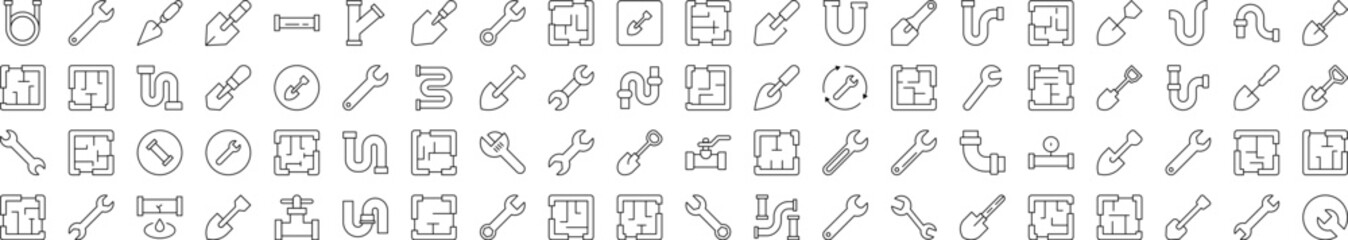 Repair and Renovation Line Icon Set. Modern Collection for Design, Web Sites, Apps, Cards. Contains Linear Images of Floor Plan, Shovel, Spanner, Pipe