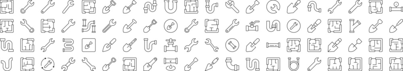 Repair and Renovation Line Icon Pack. Modern Collection for Design, Web Sites, Apps, Cards. Contains Linear Images of Floor Plan, Shovel, Spanner, Pipe