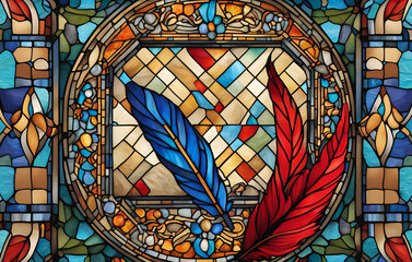A colorful stained glass window with a blue background, Stained glass seamless pattern, A stained glass window with the colors of the leaves in the bottom left corner.
