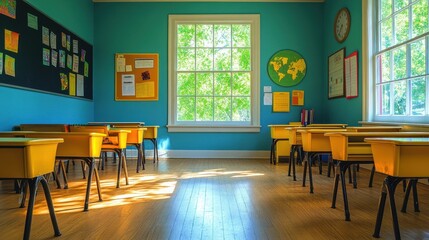 Empty Classroom with Yellow Desks and Blue Walls