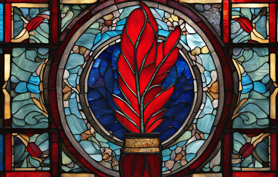A colorful stained glass window with a blue background, Canticle of the Sun by Saint Francis of Assisi, stained glass window by Sieger Koder 