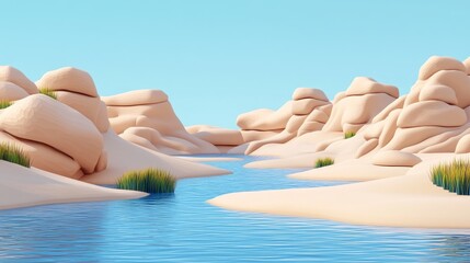 A serene landscape with gentle hills, flowing water, soft sand, and lush greenery under a clear blue sky.