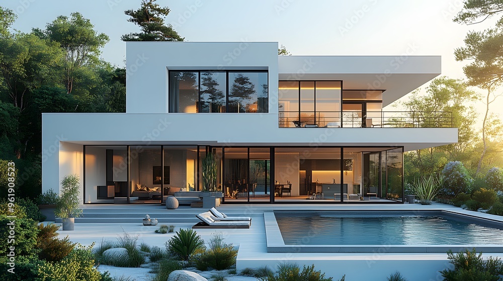 Fototapete isometric 3d rendering of a modern house with clean geometric lines, set against a white background.