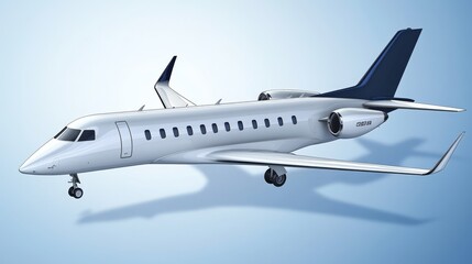 Obraz premium A sleek, modern jet aircraft designed for luxury travel, showcasing its streamlined shape against a light blue background.
