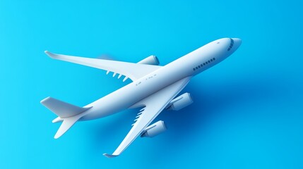 Fototapeta premium A sleek white airplane model against a vibrant blue background, ideal for travel, aviation, and transportation themes.