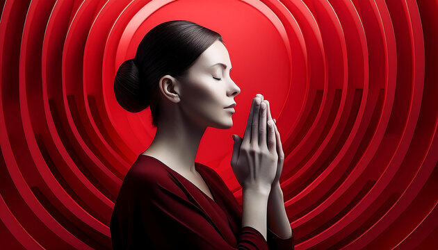  Abstract representation of a woman praying against a geometric red background. _1(265)