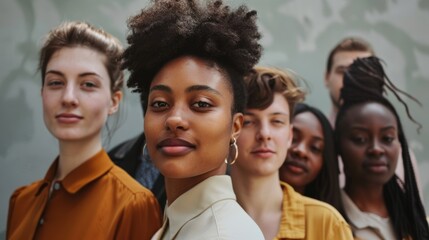 A group of diverse young adults stands confidently, united in their individuality. The serene expressions and vibrant attire convey a message of inclusivity and strength.