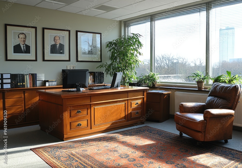 Wall mural Spacious Office with Wooden Desk and Leather Chair