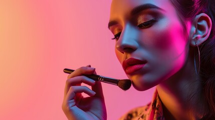 Fototapeta premium woman applying flawless makeup with a brush to her cheek, illuminated by pink and orange neon lights, isolated background, highlighting elegance and beauty care with detailed textures, high-resolution