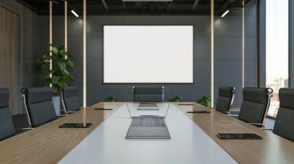 A minimalist conference room with a long wooden table, ergonomic chairs, and a large blank screen, set in a sleek, professional environment.