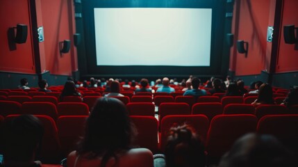 A dimly lit movie theater with red seats, filled with an audience eagerly watching a film on the large screen, creating a cozy and immersive atmosphere.