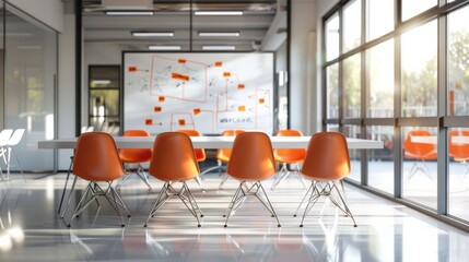 A modern conference room with bright orange chairs and a whiteboard, flooded with natural light, ready for an inspiring meeting.