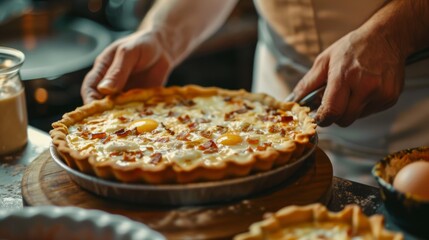 A cozy kitchen scene where a baker is carefully holding a freshly baked quiche, with rich ingredients and golden crust visible.