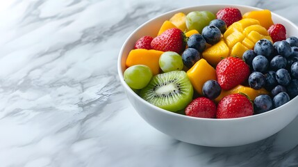 Bowl of colorful fresh fruits on marble surface, strawberries, blueberries, kiwi, mango, grapes, and Shine Muscat grapes, vibrant colors, high detail, white ceramic bowl.