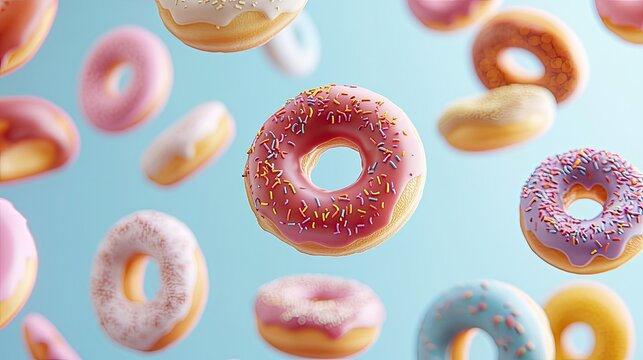 Flying donuts. Mix of multicolored doughnuts on pastel background. Bakery banner