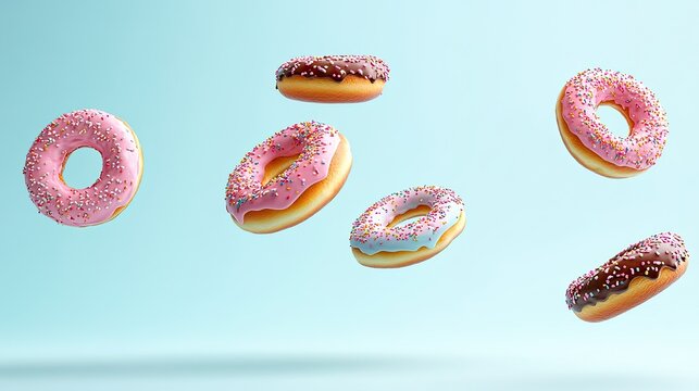 Flying donuts. Mix of multicolored doughnuts on pastel background. Bakery banner