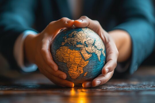 A close-up of hands shaking over a globe, symbolizing America's role in fostering international agreements and partnerships