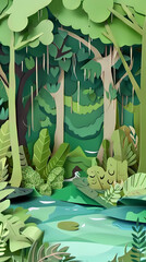 Obraz premium Tropical rainforest with trees and moss in paper cute style