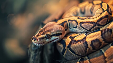 Fototapeta premium A close-up of a beautifully patterned ball python, coiled gracefully, capturing the snake's intricate details and vibrant colors.