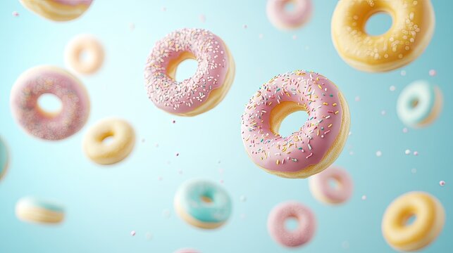 Flying donuts. Mix of multicolored doughnuts on pastel background. Bakery banner