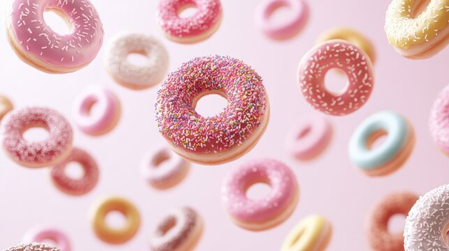 Flying donuts. Mix of multicolored doughnuts on pastel background. Bakery banner