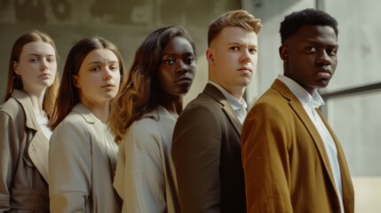 A diverse group of professionals standing together, unified in purpose, representing strength and determination in a modern workplace setting.